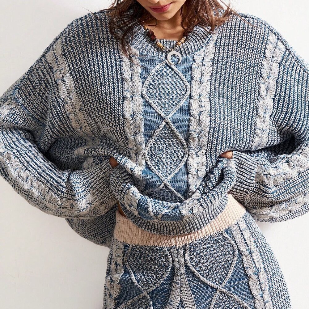 Blue And White Casual Boho Women's Sweater